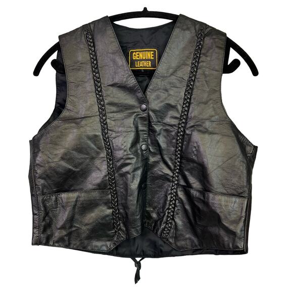 Genuine Leather Biker Vest Medium Black Vintage 90s Rocker Sleeveless Top - Picture 1 of 9